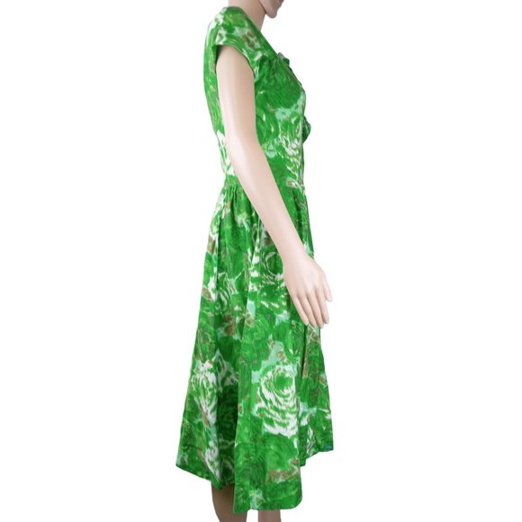 Vintage Dress 50s Floral Green Bow Vogue Women Small Pin Up Skater Rockabilly - Picture 5 of 13